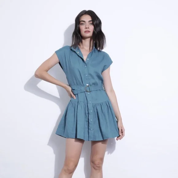 Karina Grimaldi Zelie Solid Mini Dress Element Blue Denim Button Drop Waist XS - Picture 2 of 13